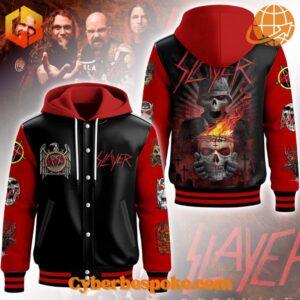 Versatile Slayer Band Skull Hooded Baseball Jacket designed for comfort, style, and durability.