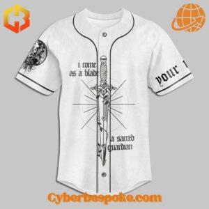 Close-up of Sleep Token baseball jersey front design with sword and gothic text