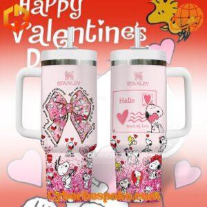 Snoopy Valentine Stanley tumblers with hearts and bow designs