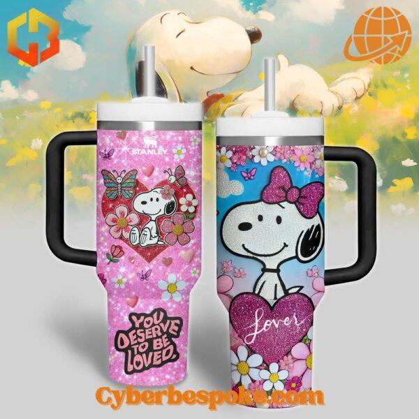 Snoopy You Deserve To Be Loved Valentine Tumbler 40oz front and back view with hearts, flowers, and butterflies.