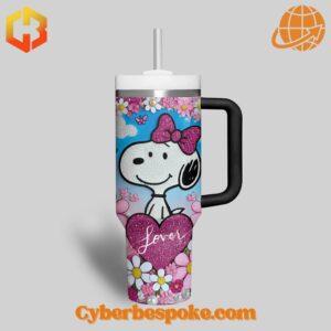 Back view of Snoopy You Deserve To Be Loved Valentine Tumbler 40oz with Snoopy holding a heart and surrounded by flowers.