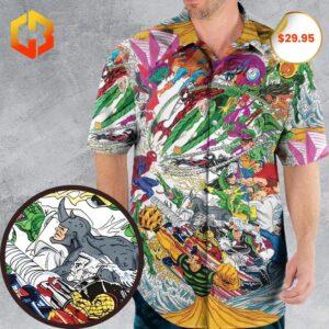 A vibrant Hawaiian shirt featuring Spider-Man in action with tropical patterns and '2025' branding