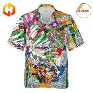 Hawaiian shirt showcasing Spider-Man graphics with a mix of tropical designs and bold colors