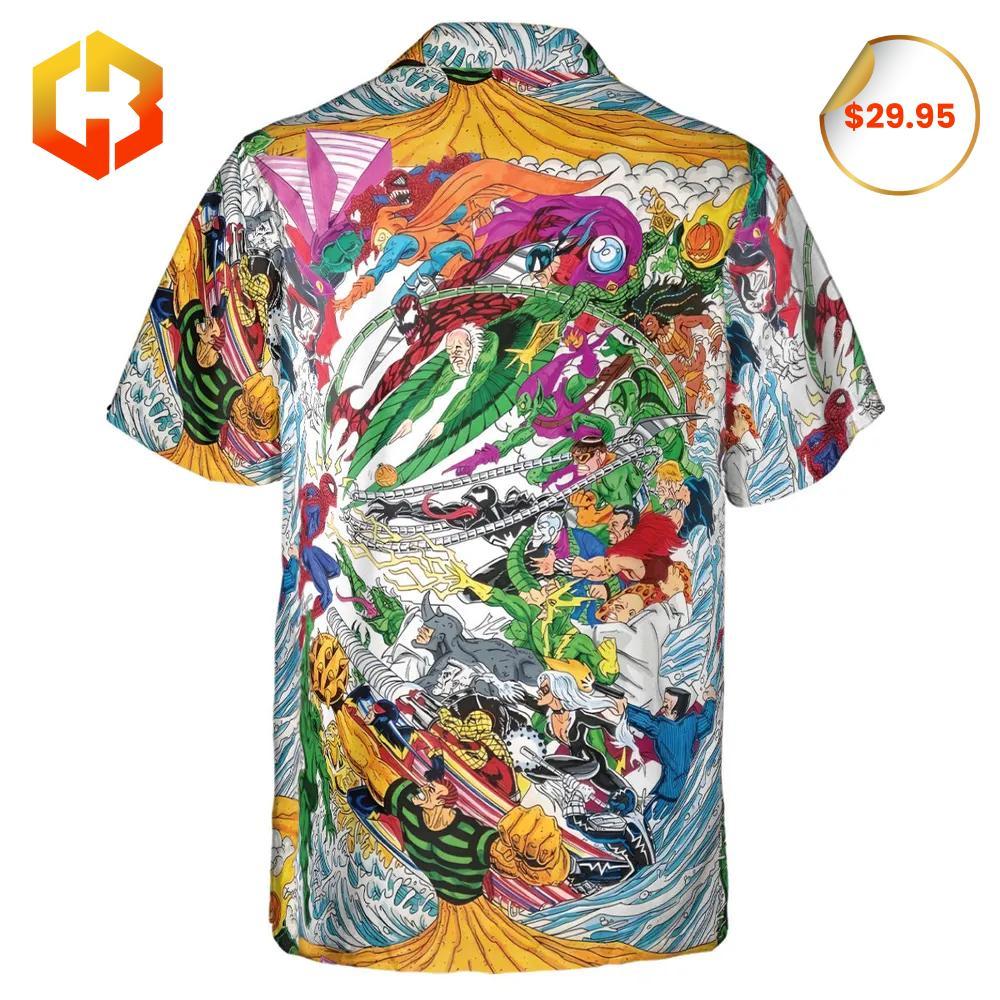 Spider-Man-themed Hawaiian shirt blending superhero elements with palm trees and summer vibes.