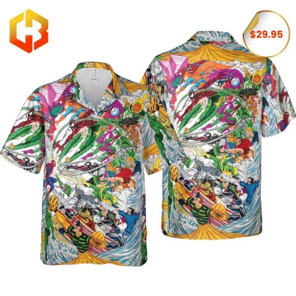 A stylish Hawaiian shirt featuring Spider-Man swinging through a colorful, tropical design