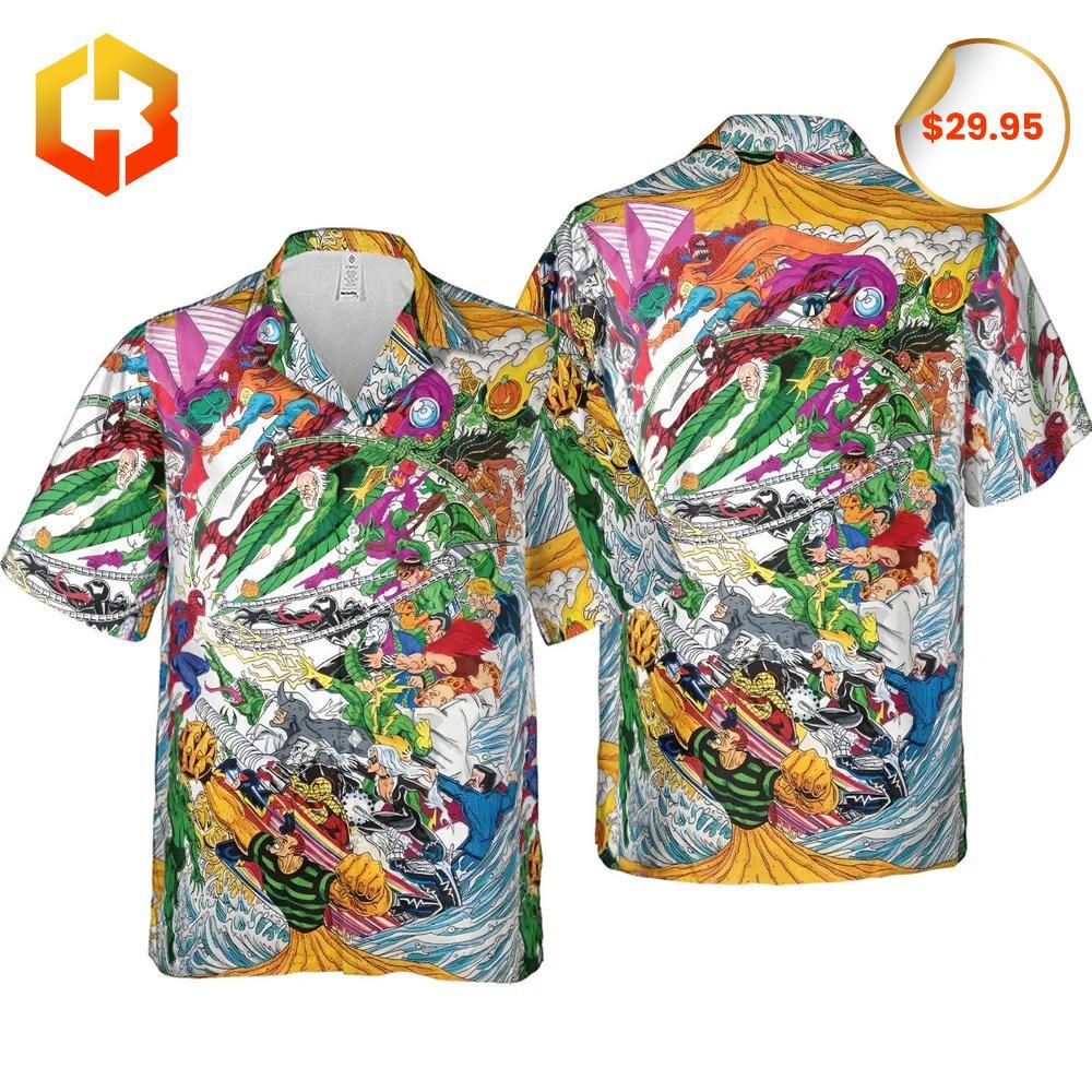 A stylish Hawaiian shirt featuring Spider-Man swinging through a colorful, tropical design