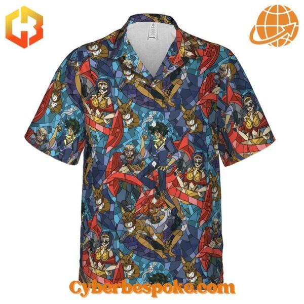 A colorful Hawaiian shirt featuring portraits of Spike Spiegel, Faye Valentine, and Edward Wong Hau Pepelu Tivrusky IV from the anime Cowboy Bebop.