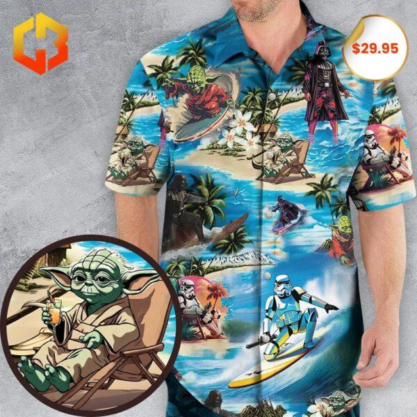 A vibrant 2025 Hawaiian shirt featuring "Star Wars Summer Vibes" designs with iconic characters and tropical elements.