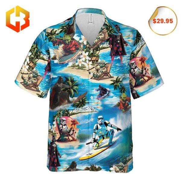 Close-up of a Hawaiian shirt showcasing Star Wars characters like Darth Vader, Yoda, and R2-D2 in a colorful tropical setting.