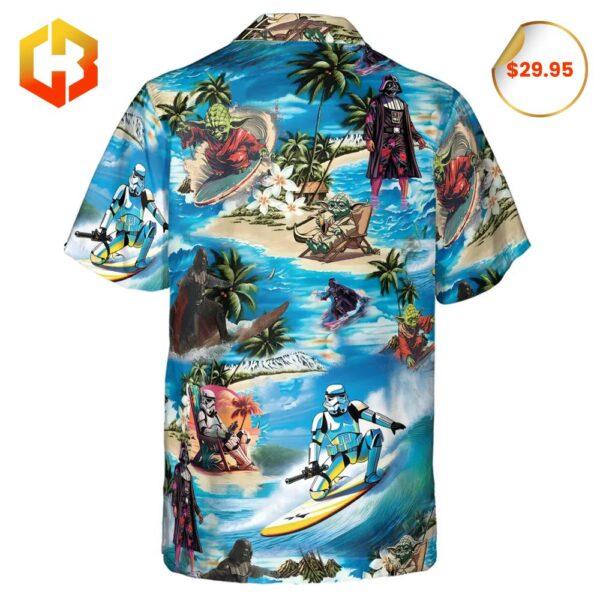 2025 Hawaiian shirt blending Star Wars’ iconic imagery with bright palm trees and summer-themed patterns.