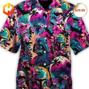 Vibrant Hawaiian shirt featuring Star Wars characters in a tropical setting.