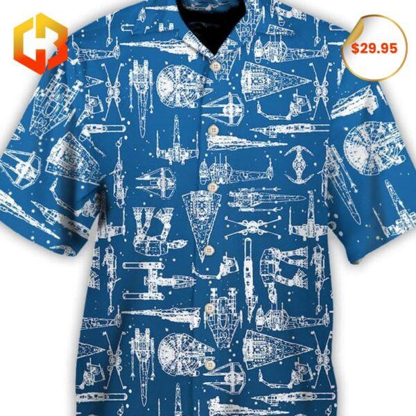 Close-up of a Hawaiian shirt with colorful Star Wars spacecraft patterns and palm tree motifs, perfect for fans and vacation wear.