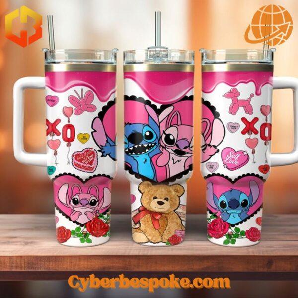 Stainless steel tumbler with a playful design of Stitch and Angel in a love-themed setting for Valentine’s Day