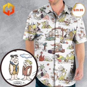 A colorful Hawaiian shirt featuring a Stone Age-inspired design with characters resembling The Flintstones, labeled '2025'