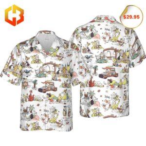 Bright and cheerful Stone Age-themed Hawaiian shirt, blending classic cartoon characters and summer style