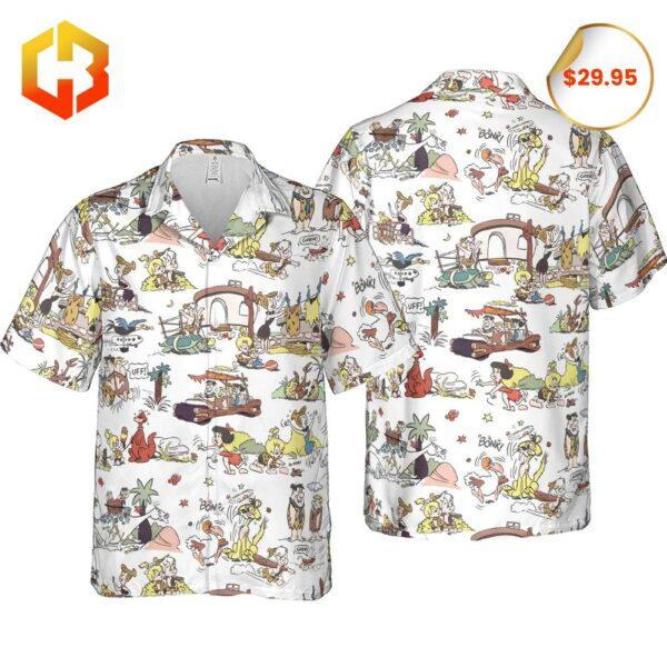 Bright and cheerful Stone Age-themed Hawaiian shirt, blending classic cartoon characters and summer style