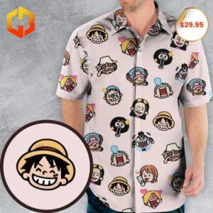 A vibrant 2025 Hawaiian shirt featuring the Straw Hat Crew from One Piece, with tropical patterns and iconic character designs.