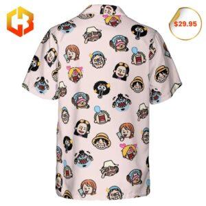 A colorful Hawaiian shirt featuring Luffy, Zoro, and other Straw Hat Crew members from One Piece in a tropical design for 2025.