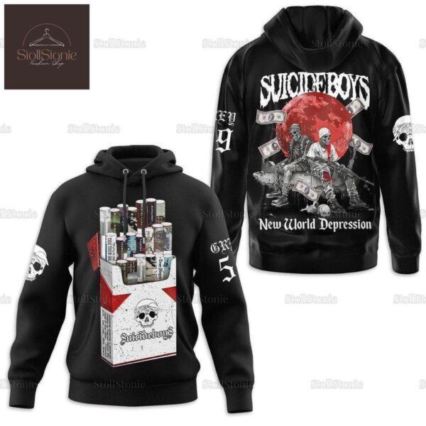 Black hoodie featuring Suicideboys' 'New World Depression' graphic design with bold and edgy artwork