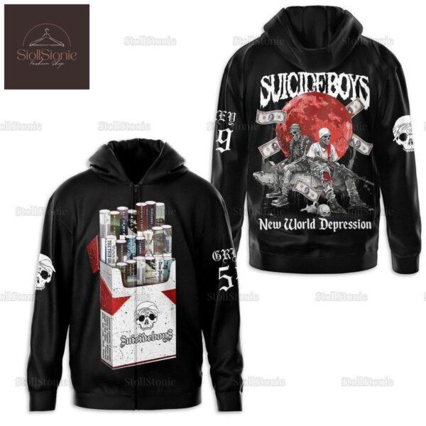 Suicideboys graphic hoodie showcasing the 'New World Depression' theme in dark, urban style.