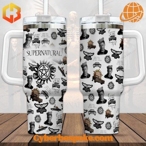 Supernatural TV Stanley Tumbler Cup featuring iconic symbols and quotes from the series