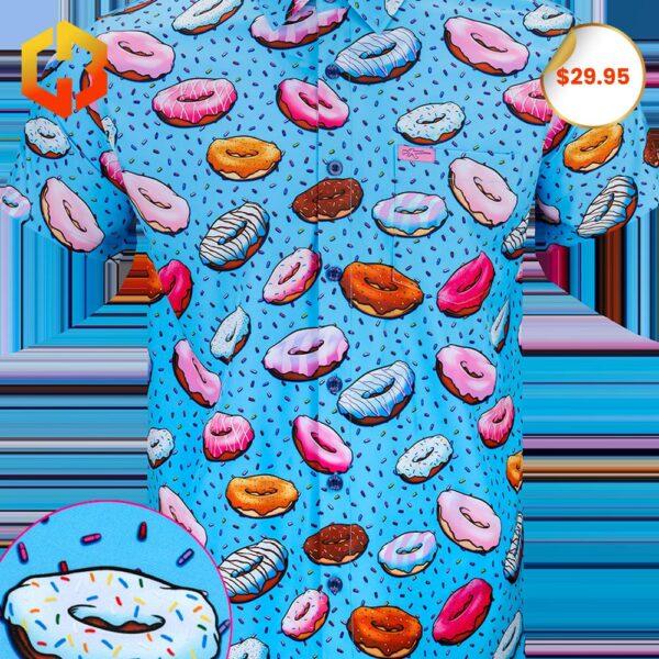 A colorful Hawaiian shirt featuring a Sweet Tooth Donut pattern with vibrant tropical designs for 2025.