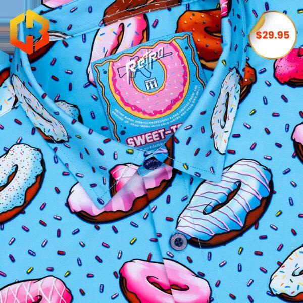 Close-up of a Sweet Tooth Donut-themed Hawaiian shirt with playful donut illustrations and tropical motifs.