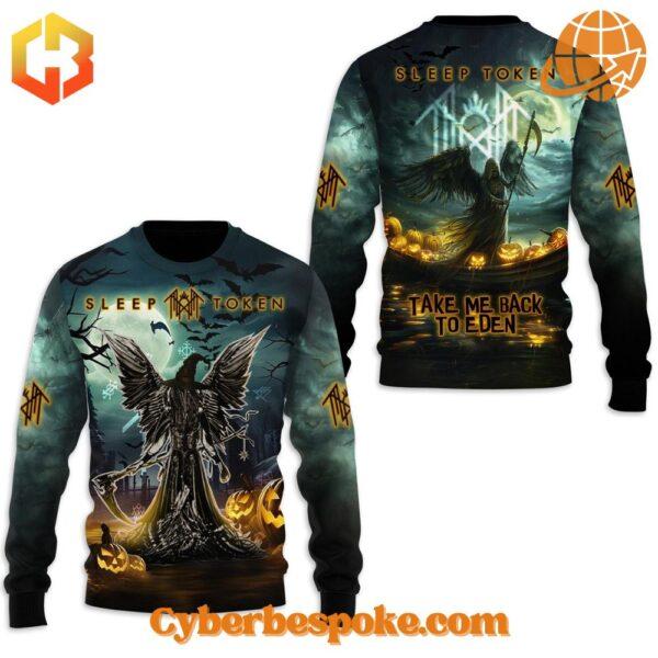 Sleep Token "Take Me Back to Eden" long-sleeve crewneck sweater with front and back views of spooky artwork.