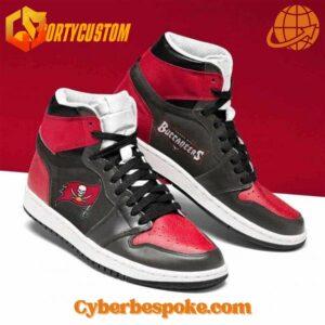 Tampa Bay Buccaneers-themed Air Jordan 1 sneakers with custom graphics and colors.