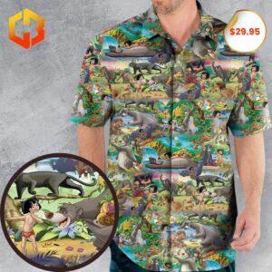 A vibrant 2025 Hawaiian shirt featuring seamless designs inspired by The Jungle Book characters and nature elements.