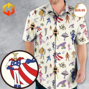 A vibrant Hawaiian shirt featuring The Justice Friends characters with colorful tropical patterns and '2025' branding