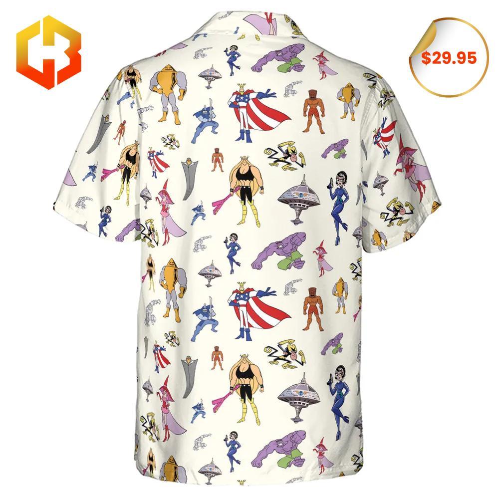 Colorful Hawaiian shirt blending The Justice Friends characters with palm trees and summer elements.