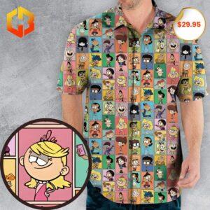 All-over print featuring characters from The Loud House on a vibrant Hawaiian shirt.