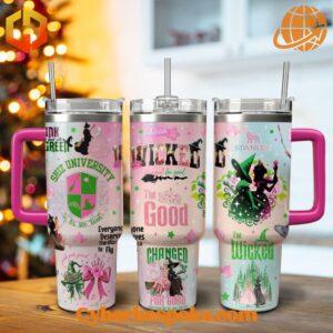 40oz Wicked Changed For Good tumbler with colorful designs, including Broadway-inspired characters and phrases.