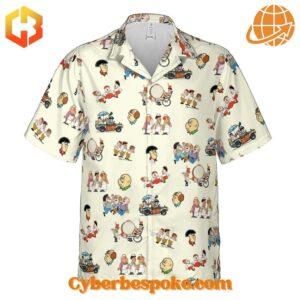 Bright floral-patterned Three Stooges Cartoon Version Hawaiian Shirt with short sleeves and a button-up front