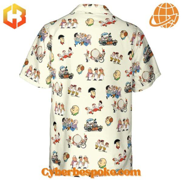 Bright floral-patterned Three Stooges Cartoon Version Hawaiian Shirt with short sleeves and a button-up front