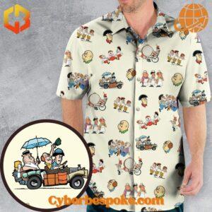 Bright floral-patterned Three Stooges Cartoon Version Hawaiian Shirt with short sleeves and a button-up front