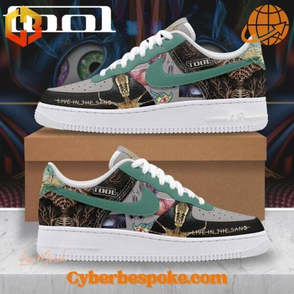 Tool Band Live In The Sand 2025 Nike Air Force Shoes with psychedelic design and teal swoosh.