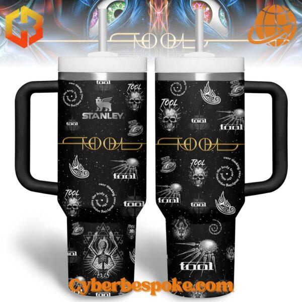 Tool Band Stanley Tumbler Cup with intricate band-inspired designs on black background