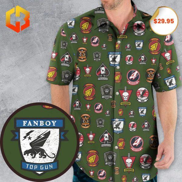 A vibrant Hawaiian shirt featuring Top Gun badge designs with tropical patterns and '2025' branding