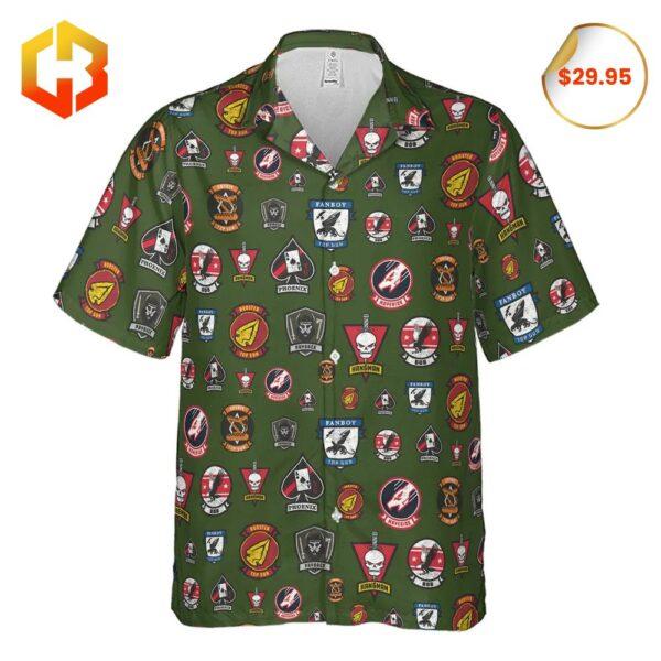 Hawaiian shirt showcasing Top Gun military-themed badges and aviation graphics in a tropical style