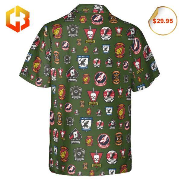 A stylish Hawaiian shirt with Top Gun insignia and aviation motifs blended with colorful island patterns