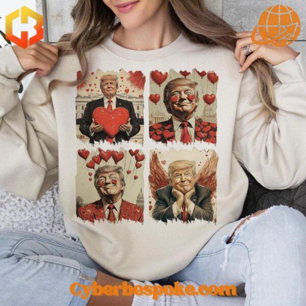 Trump Valentine's Day sweatshirt featuring a playful graphic of hearts and Trump-related symbols