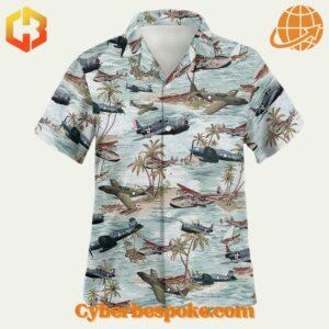 Hawaiian shirt featuring US WWII aircraft and a bold tropical print.