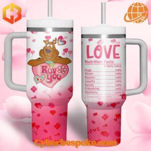 Two Valentine's Day themed tumblers with Scooby-Doo and Love Nutrition Facts designs