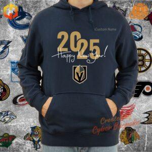 Vegas Golden Knights unisex hoodie in black and gold, featuring the team’s logo with a Happy New Year 2025 design, available for sale online