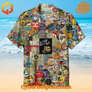 A vibrant Vespa Plaketten Version Hawaiian Shirt, designed for unisex, Short-sleeved