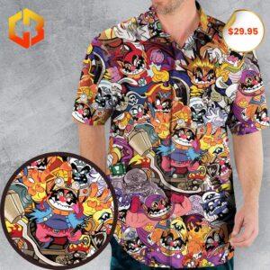 A playful Hawaiian shirt featuring Wario and other Super Mario characters in vibrant, tropical designs