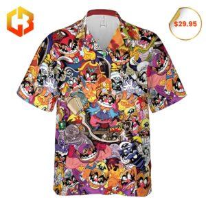 Hawaiian shirt showcasing Wario from Super Mario with bold graphics and island-inspired patterns.