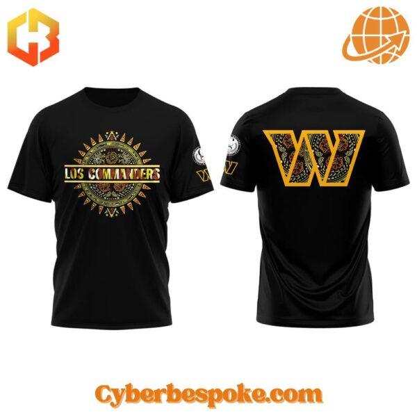 Custom-designed Washington Los Commanders Mexican heritage shirt featuring traditional patterns and team logo.